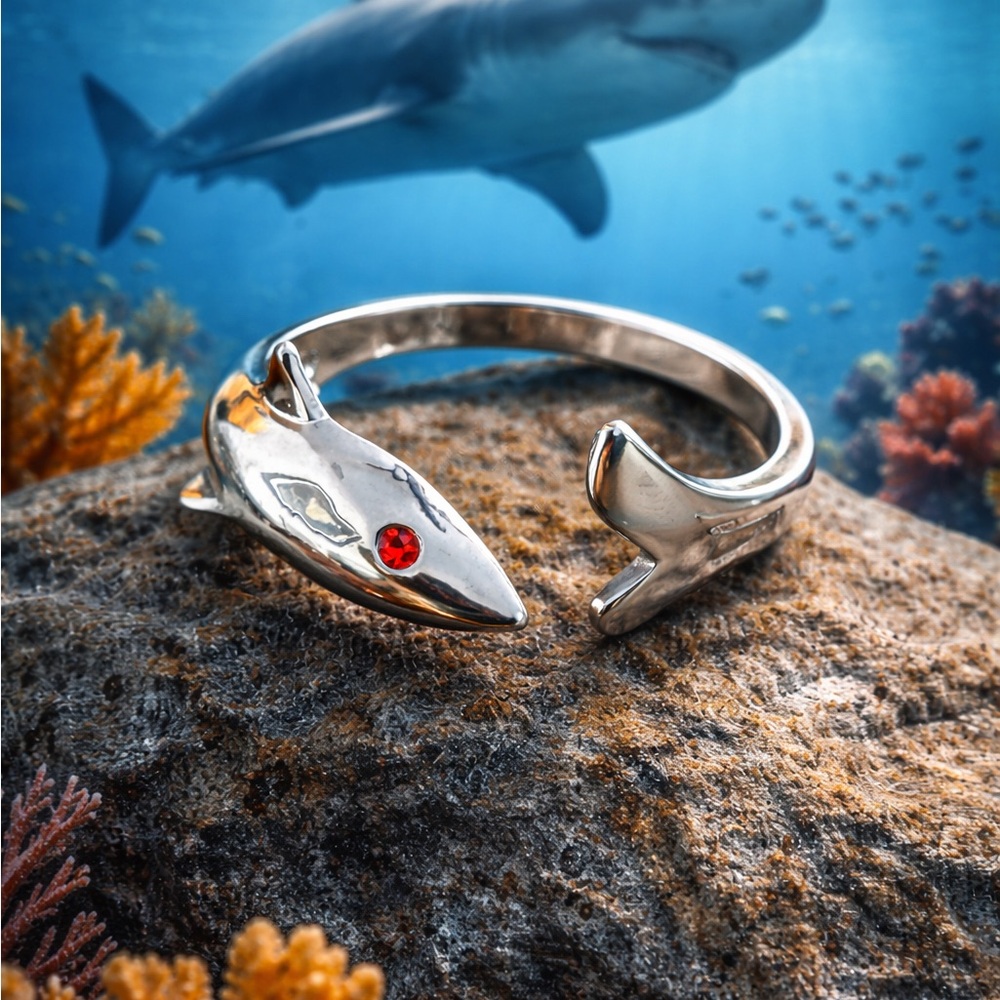 Silver Shark With Red Eye Adjustable Ring